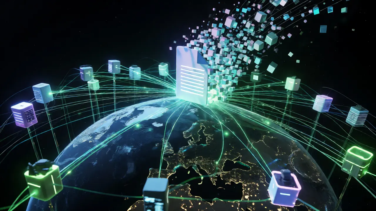 Visualización conceptual de almacenamiento descentralizado con nodos globales conectados por datos.